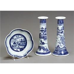 Property of Various Owners Pair of Chinese Export 'Canton' Blue and White Candlesticks...