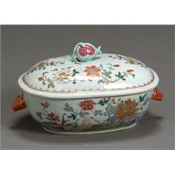 Chinese Export 'Famille Rose' Covered Tureen 20th Century The oval tureen flanked by boar's...
