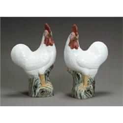 Pair of Chinese Export Polychrome Decorated Biscuit Figures of Roosters 20th Century Each f...