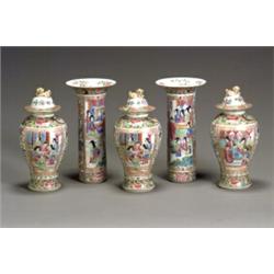 Chinese Export 'Rose Medallion' Five-Piece Mantel Garniture 20th Century Consisting of two...