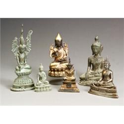 Group of Five Southeast Asian Bronze and Copper Alloy Figures of the Buddha and a Lama 19th-20...