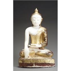 Burmese Gold Lacquered Alabaster Figure of the Seated Buddha 19th Century Some losses an...