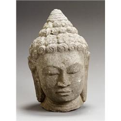 Southeast Asian Gray Stone Head of the Buddha Possibly Javanese, 20th Century Height: 18...