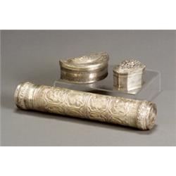 Burmese Embossed and Chased Silver Sutra Box and Two Cosmetic Boxes 20th Century Length of...