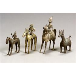 Group of Six Bastar Folk Bronze Figures of Mounted Shiva and Warriors 19th Century Heigh...