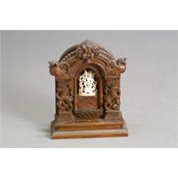 Indian Ivory Figure of Kali in a Carved Wood Architectural Throne First Quarter 20th Centur...