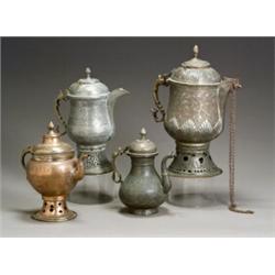 Group of Four Ottoman Copper and Brass Coffeepots Circa 1900 Two with traces of tin. Hei...