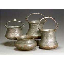 Group of Four Ottoman Floral Chased Tinned-Copper Pails Circa 1900 Three with swivel handle...