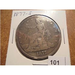 1877-S TRADE DOLLAR WITH INITIAL ON OBV.