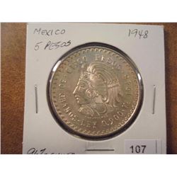 1948 MEXICO SILVER 5 PESOS .8680 OZ. ASW UNC