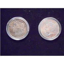 1921 MORGAN & 1922 PEACE SILVER DOLLARS IN BOX PEACE SILVER DOLLAR IS UNC