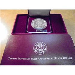 1993-S THOMAS JEFFERSON 250TH ANNIVERSARY PROOF SILVER DOLLAR, ORIGINAL US MINT PACKAGING