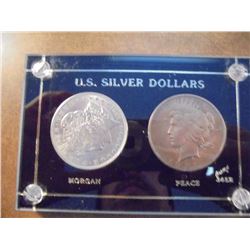 1921 MORGAN & PEACE SILVER DOLLARS IN CAPITAL PLASTICS HOLDER, 1921 PEACE DOLLAR IS KEY DATE