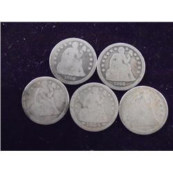 5 ASSORTED 1850'S SEATED LIBERTY DIMES