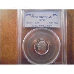 2001-S SILVER ROOSEVELT DIME PCGS PR69 DCAM