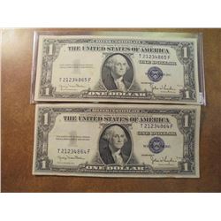 2-1935-D $1 SILVER CERTIFICATES UNC CONSECUTIVE SERIAL NUMBERS, T21234864F-T21234865F