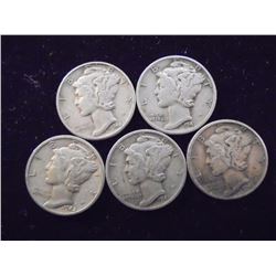 5 ASSORTED 1940'S  MERCURY DIMES