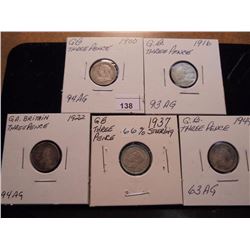 1900, 1916,22,37 & 44 GREAT BRITAIN SILVER 3 PENCE