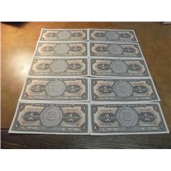 10-1967 MEXICO 1 PESO CURRENCY CRISP UNC CONSECUTIVE SERIAL NUMBERS C682666-C682675