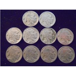 10 ASSORTED 1920'S BUFFALO NICKELS
