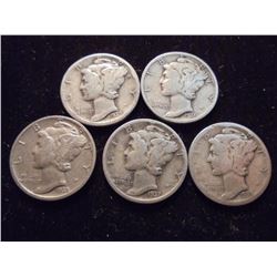 5 ASSORTED 1930'S MERCURY DIMES