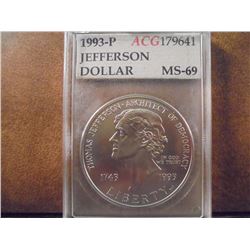 1993-P JEFFERSON COMMEMORATIVE SILVER $ UNC ACG SLAB