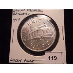 1934 UNION PACIFIC RAILROAD LUCKY PIECE TOKEN IS A SAMPLE OF THE ALUMINUM IN THE NEW UNION PACIFIC T