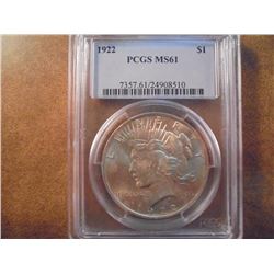 1922 PEACE SILVER DOLLAR PCGS MS61