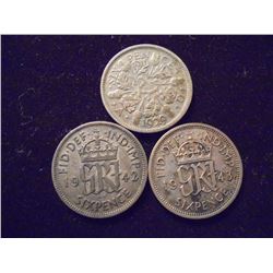 1929,1942 & 1943 GREAT BRITAIN SILVER 6 PENCE