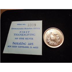 1ST THANKSGIVING STERLING SILVER COMMEMORATIVE MEDALLION XXXIX UNC, ORIGINAL MINT PACKAGING BY HERAL