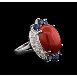 14KT White Gold 12.90ct Coral, Sapphire and Diamond Ring