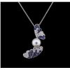 Image 1 : Pearl, Sapphire and Diamond Pendant With Chain - 18KT White Gold