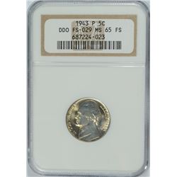 1943 P JEFFERSON NICKEL DOUBLE DIE OBVERSE NGC MS 65 FULL STEPS! RARE$