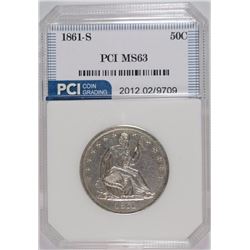 1861-S SEATED LIBERTY HALF DOLLAR, PCI CHOICE BU BLAST WHITE  CIVIL WAR DATE!