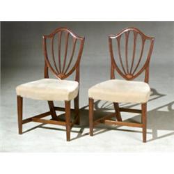 Pair of Federal Satinwood Inlaid Mahogany Shield-Back Side Chairs Attributed to the Workshop o...