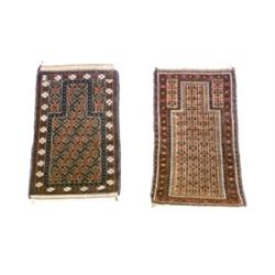 Two Shiraz Prayer Rugs Post 1950 The first having a blue ground within prayer arch with a g...