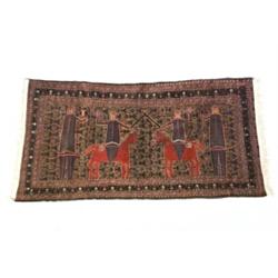 Shiraz Pictorial Rug Post 1950 Gold ground with equestrian scene depicting knights on horse...