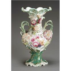 English Floral Encrusted Porcelain Mantel Vase Mid-19th Century The bulbous body flanked by...