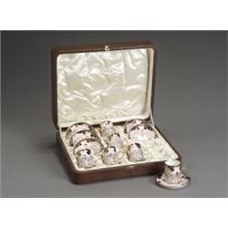 Cased Set of Six Edwardian Silver Mounted Royal Crown Derby Demitasse Cups and Saucers The por...