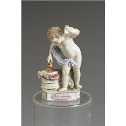 Meissen Figure of Putto "Je Les Enflamme" Late 19th-Early 20th Century With underglaze blue...