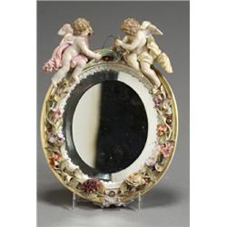 German Porcelain Floral Encrusted Figural Mirror Probably Meissen, Late 19th-Early 20th Centur...