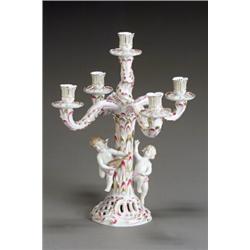 Herend Figural Five-Light Candelabra Modern The reticulated base flanked by two putti co...