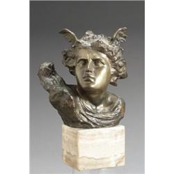 Italian Bronze Bust of Hermes Circa 1900 Signed on back U. MARCELLINI Golden brown patin...