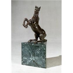 Continental Bronze Figure of a Horse Modern Raised on a triangular green marble base. He...