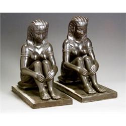 Pair of Continental Bronze Figures of Seated Egyptian Women Modern Height: 21-1/2 in (54...