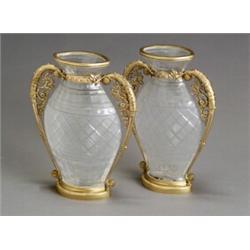 Pair of Charles X Style Ormolu Mounted Cut Glass Vases Early 20th Century Cloudiness to...