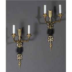 Pair of Empire Style Ormolu and Bronze Two-Light Bras de LumiFre 20th Century Each having a...