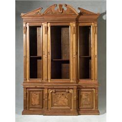 Victorian Renaissance Revival Burl Walnut Inlaid Walnut Two-Part Breakfront Bookcase Last Quar...