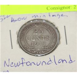 1919 SILVER NEWFOUNDLAND 25 CENT KING GEORGE