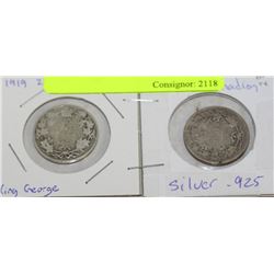 SILVER CANADIAN 25 CENT 1903, 1919 KING GEORGE X2